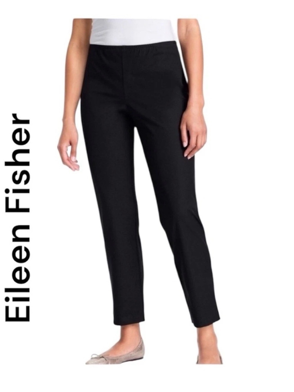 Eileen Fisher Black Ankle Pants Size Large Side Zip Organic Cotton Spandex